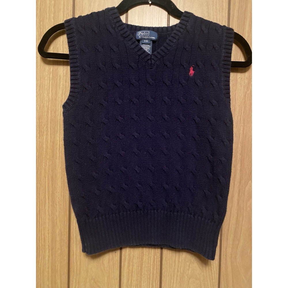 Polo By Ralph Lauren Cable Knit Sweater Vest Boys Small 8 Navy Blue Red Pony